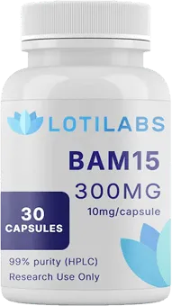 A white bottle labeled "LOTILABS BAM15 300mg, 30 capsules, 10mg/capsule, 99% purity (HPLC), Research Use Only.