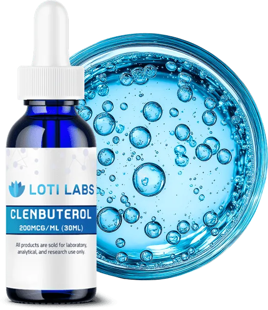 A blue dropper bottle labeled "Clenbuterol 200mcg/ml (30ml)" by Loti Labs is shown next to a dish of blue liquid with bubbles.
