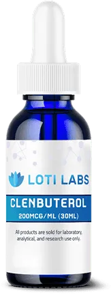 A blue dropper bottle labeled “Loti Labs Clenbuterol 200mcg/ml (30ml)” for laboratory, analytical, and research use only.