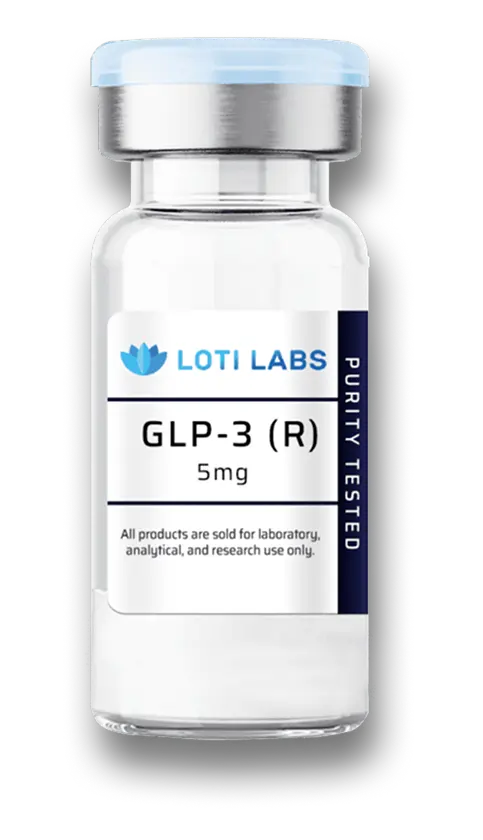 A clear vial labeled "Loti Labs GLP-3 (R) 5mg," marked "Purity Tested" and noted for laboratory, analytical, and research use only.