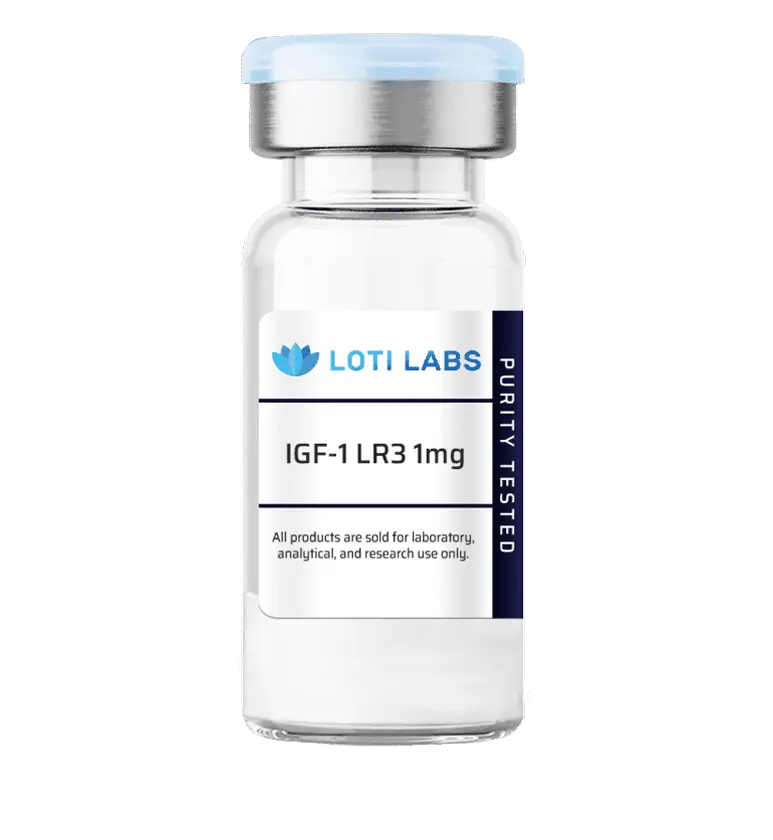 A vial labeled "Loti Labs IGF-1 LR3 1mg," with a note stating the product is for laboratory, analytical, and research use only.