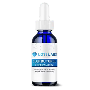 A blue glass dropper bottle labeled "Loti Labs Clenbuterol 200MCG/ML (30ML)" intended for laboratory, analytical, and research use.