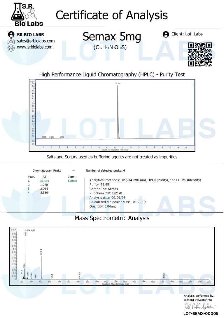Certificate of Analysis for Semax 5mg showing HPLC purity test and mass spectrometric analysis results from SR Bio Labs for client Loti Labs.