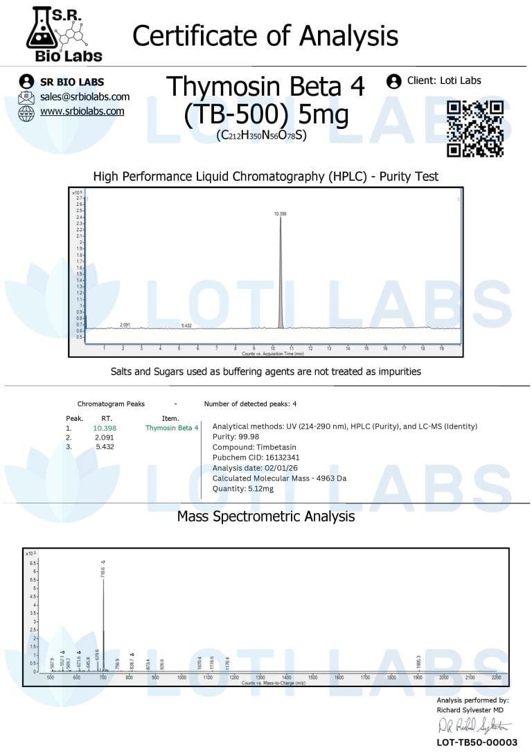 Certificate of Analysis for Thymosin Beta 4 (TB-500) 5mg, showing HPLC purity test and mass spectrometric analysis results from SR Bio Labs for Loti Labs.