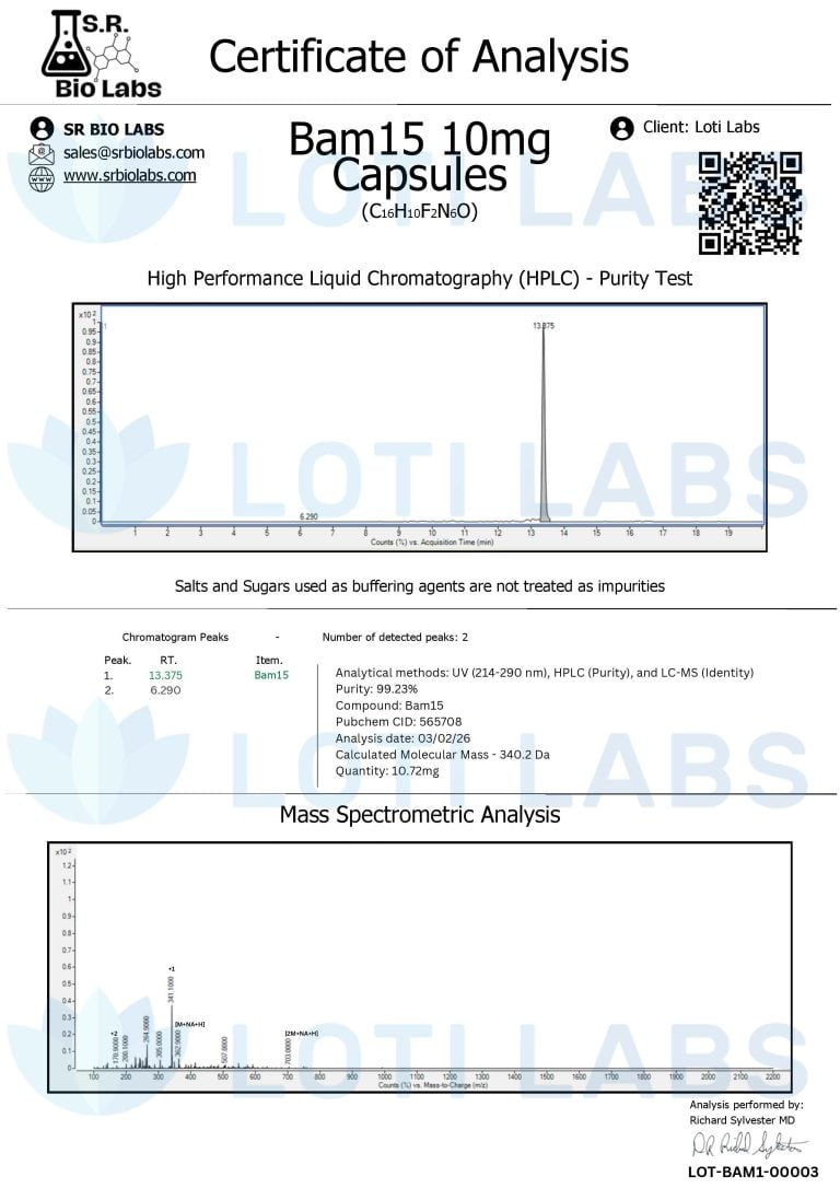Certificate of analysis for Bam15 10mg capsules, showing HPLC purity test and mass spectrometry analysis results with labeled peaks and product details.