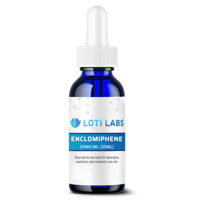 Blue glass dropper bottle labeled "Enclomiphene (25mg/mL, 30mL)," for laboratory, analytical, and research use only.