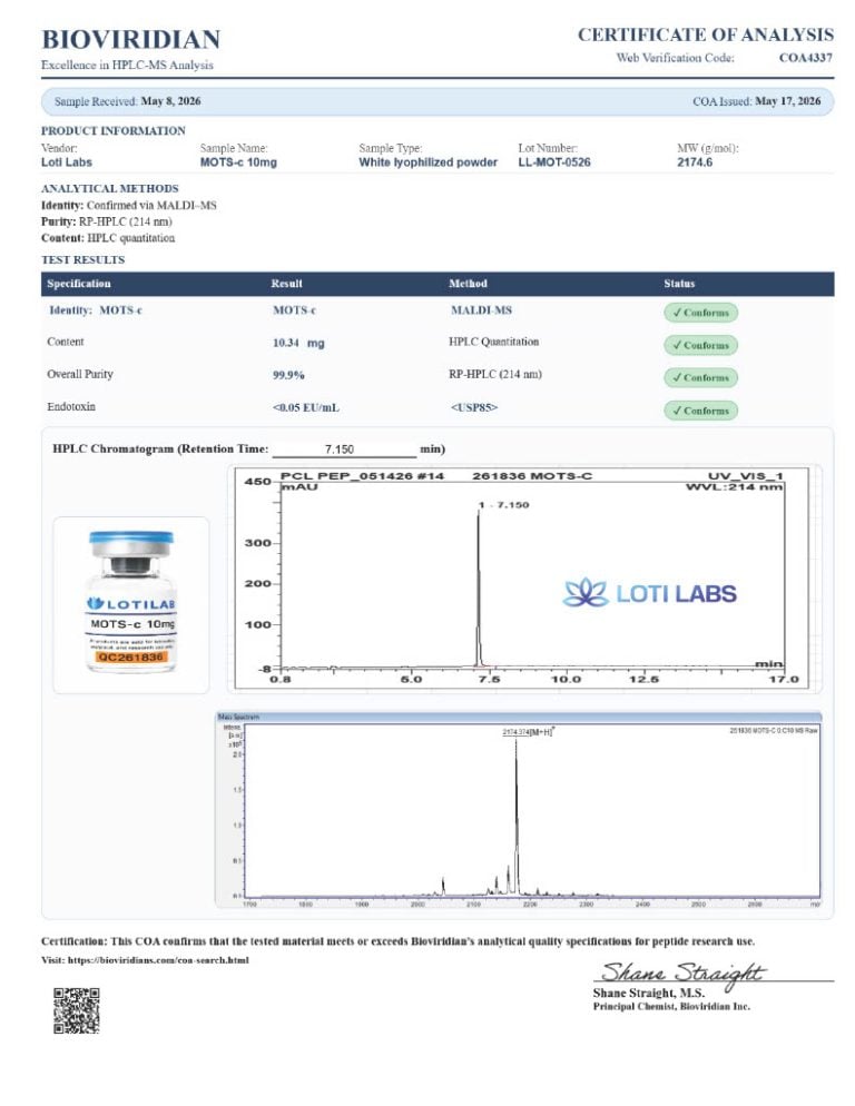 Certificate of analysis for MOTS-c
