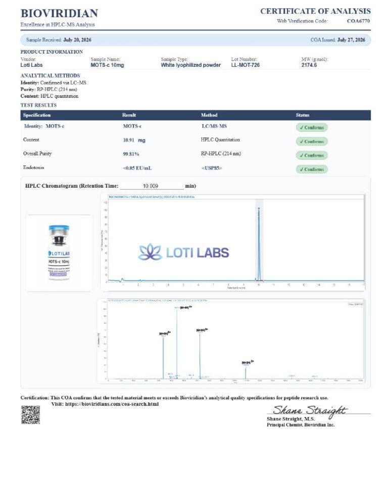 Certificate of analysis for MOTS-10