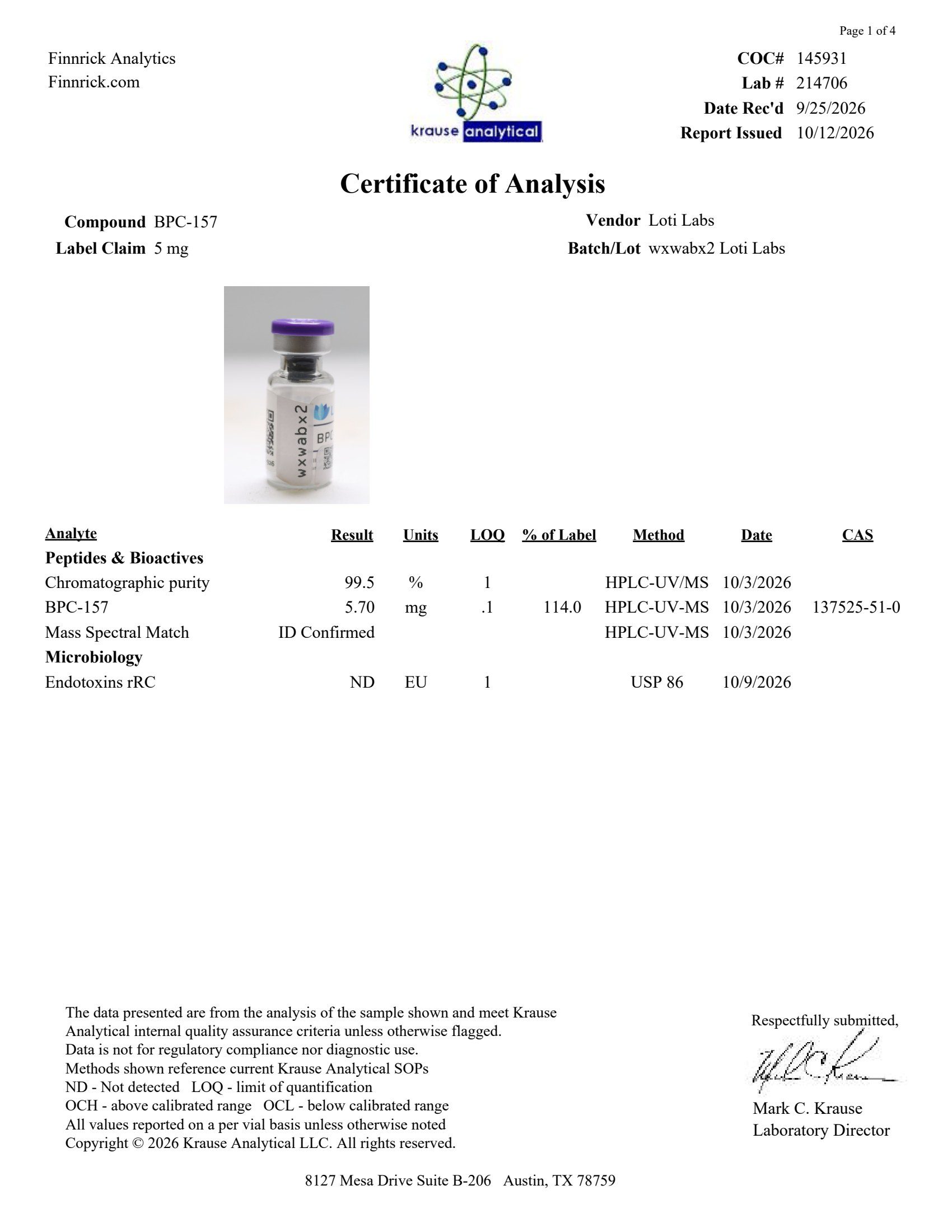 BPC-157 5mg certificate of analysis