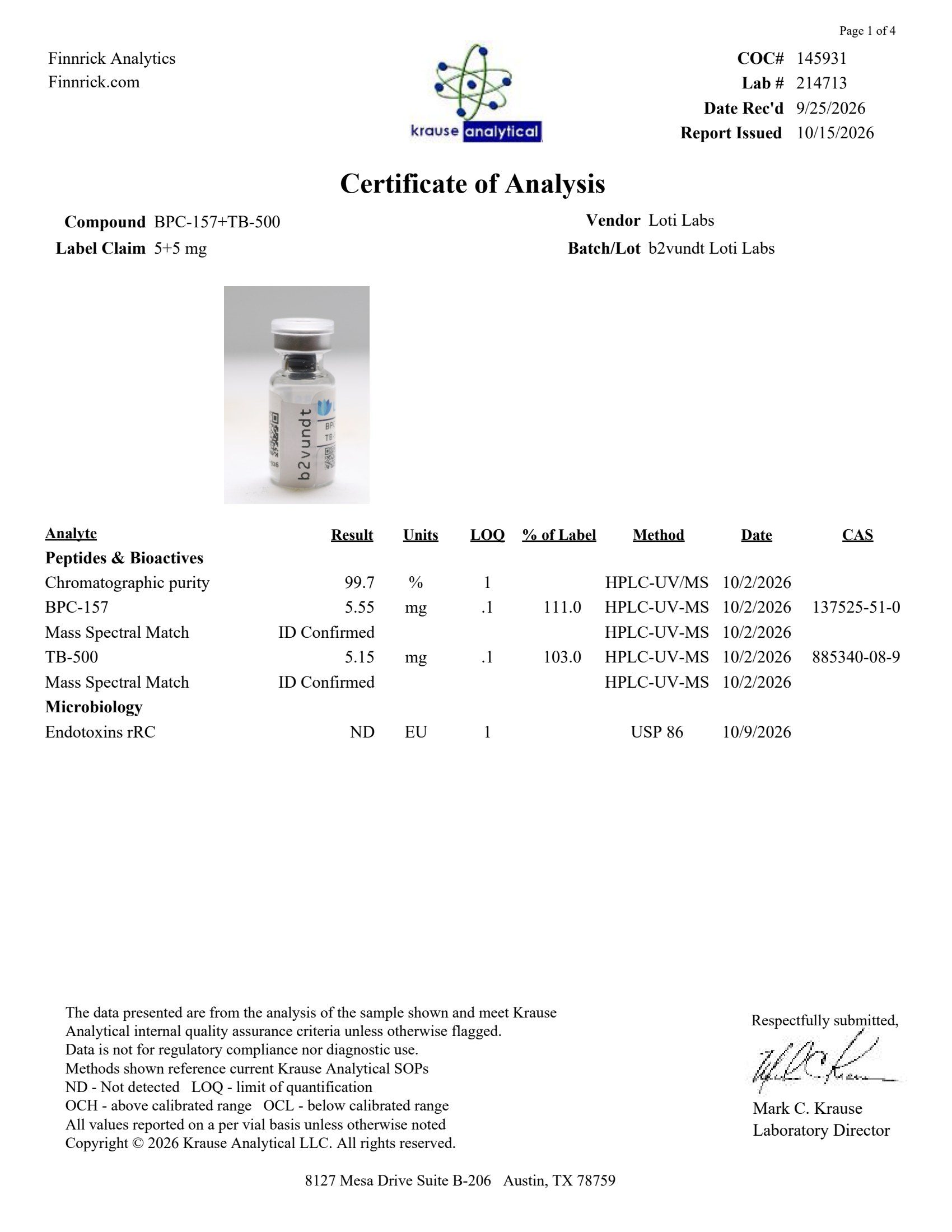 BPC-157 5mg / TB-500 5mg certificate of analysis