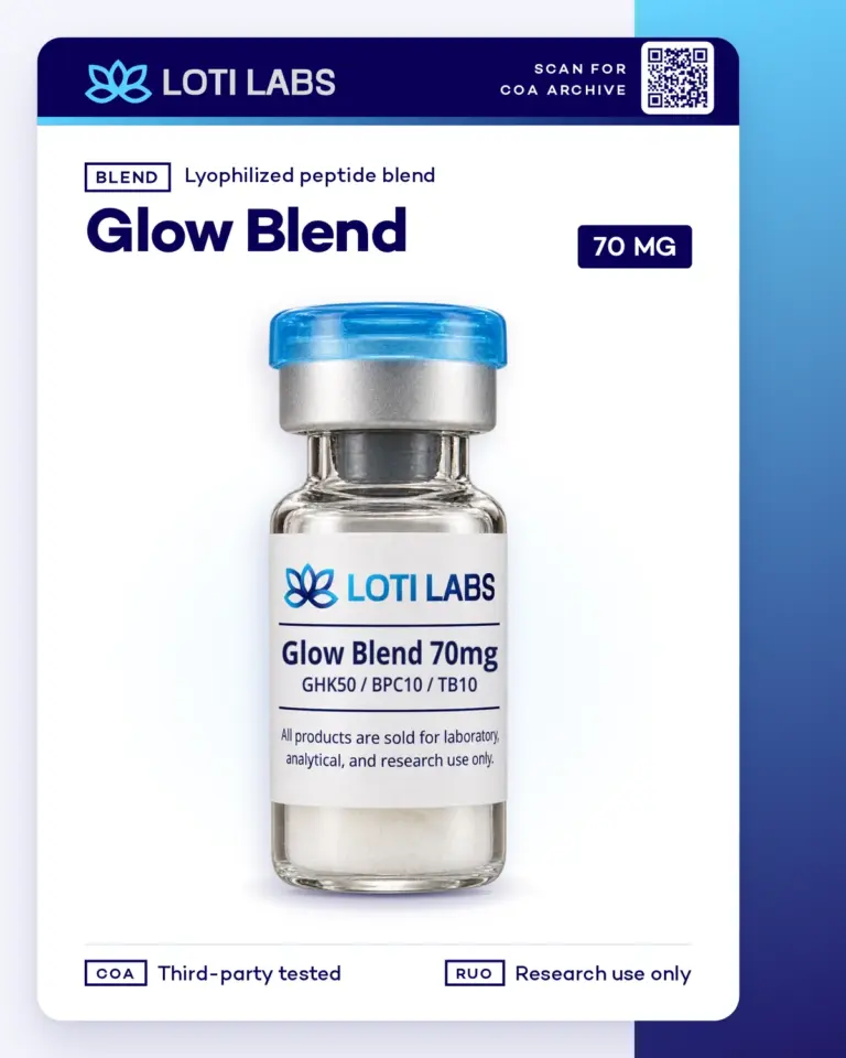 Glow Blend 70mg (GHK-CU 50mg, BPC-157 10mg, TB-500 10mg) product photo, Loti Labs, research use only