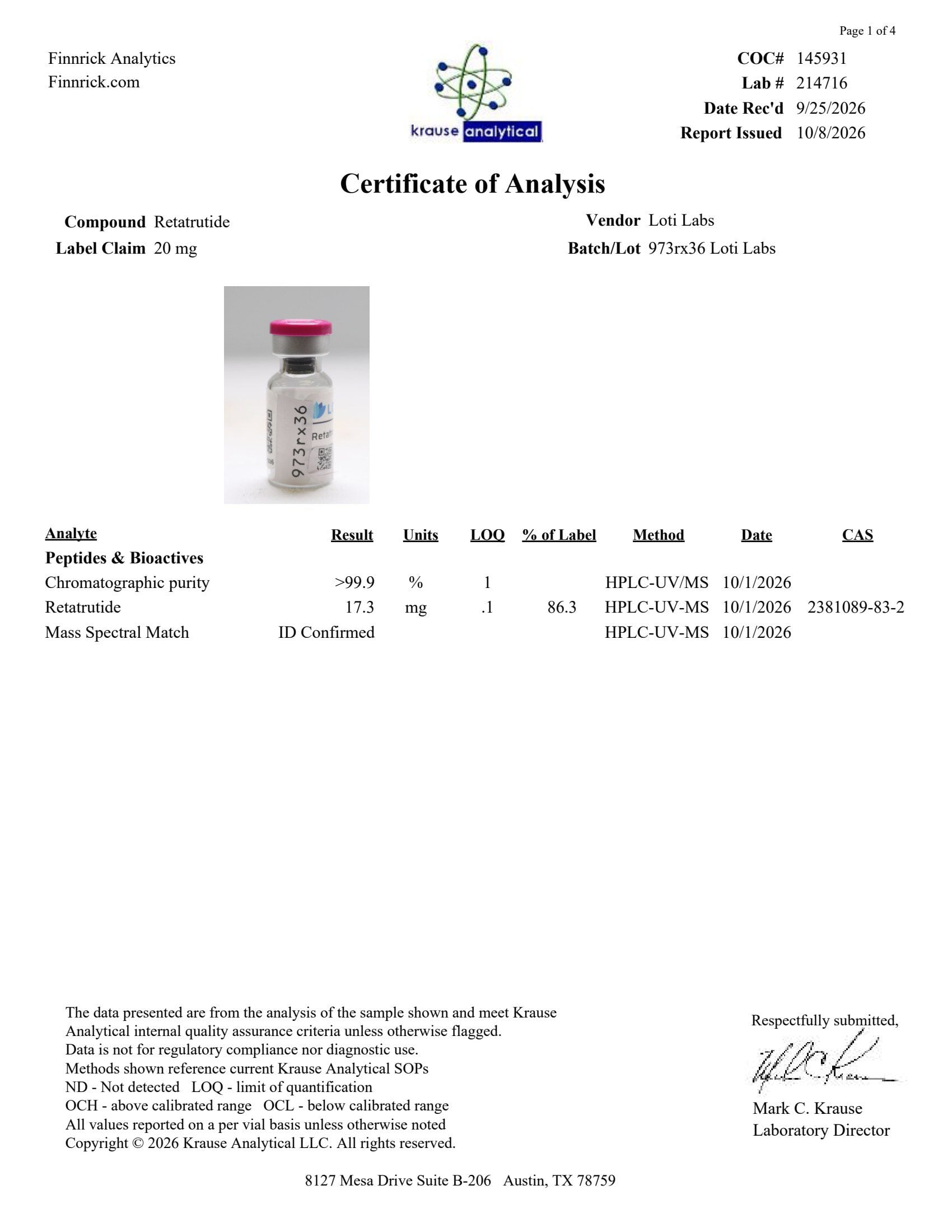 R3TX 20mg certificate of analysis