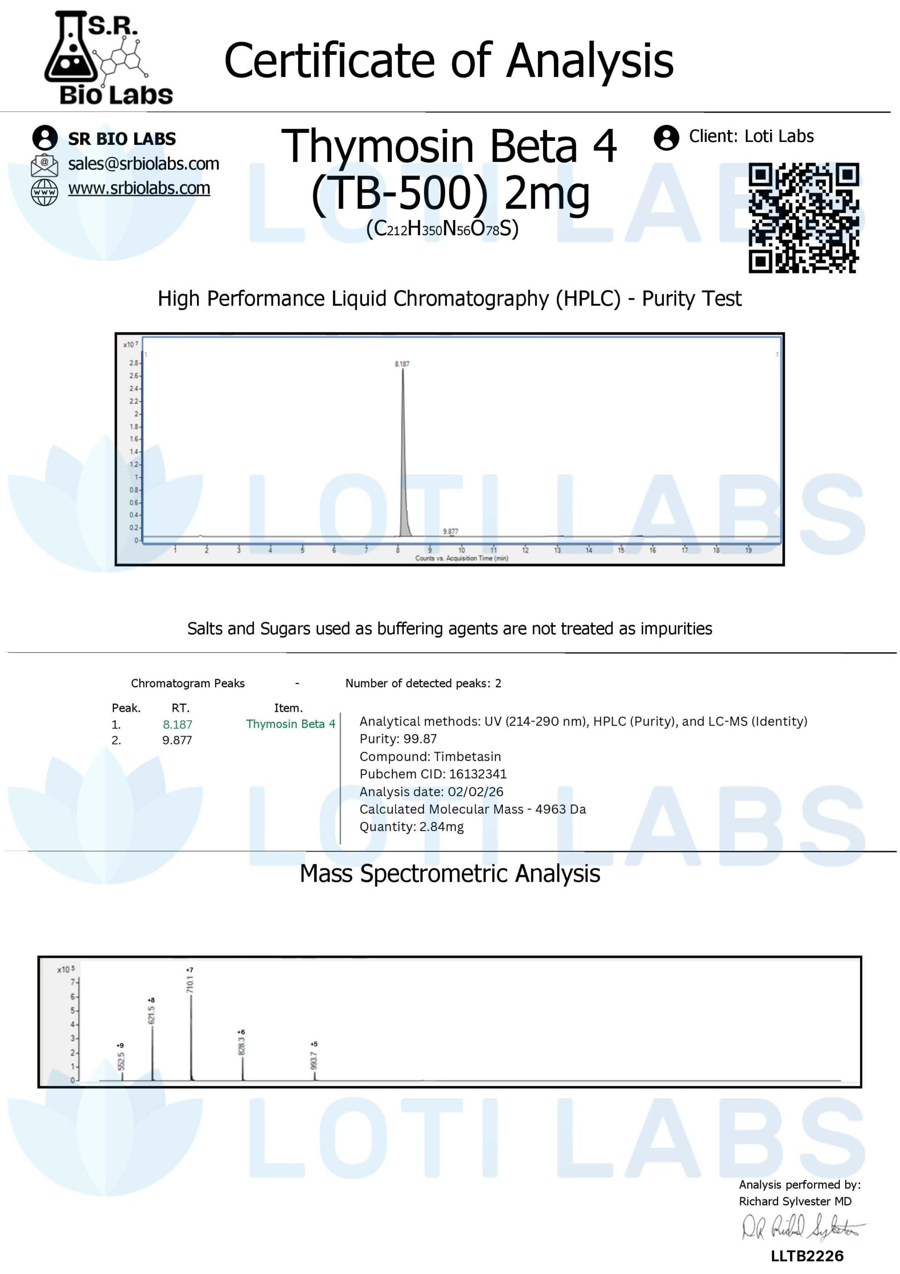 TB-500 2mg certificate of analysis