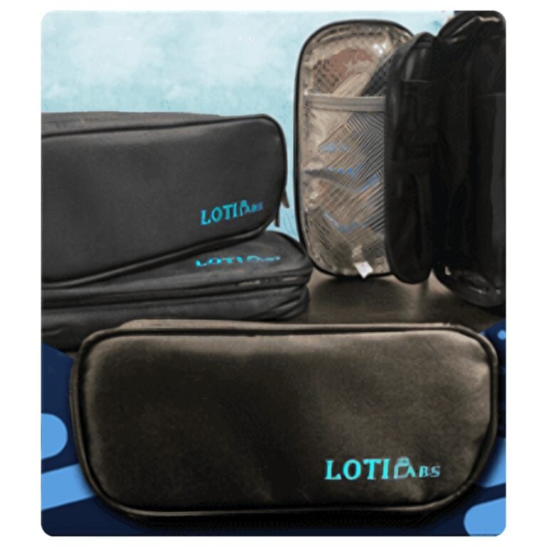 Loti Labs branded black travel pouch, closed and open views