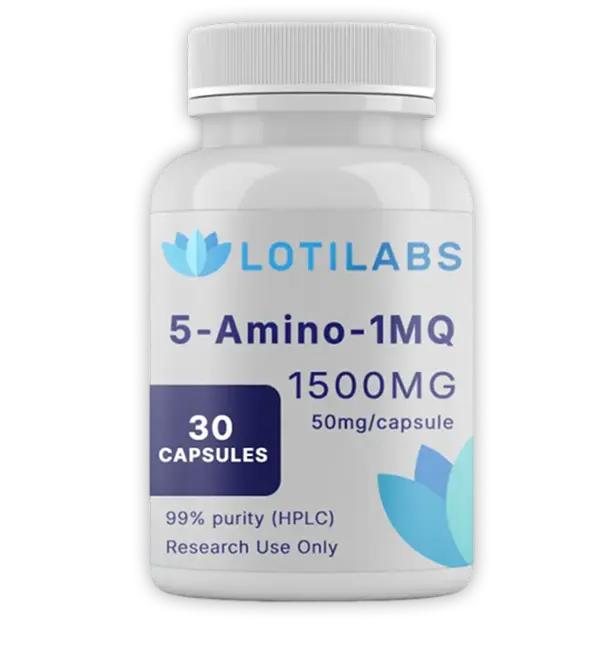 A white bottle labeled "Loti Labs 5-Amino-1MQ, 1500mg, 30 capsules, 50mg/capsule, 99% purity (HPLC), Research Use Only.