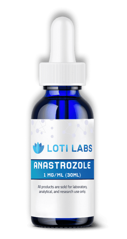 A blue dropper bottle labeled "Loti Labs Anastrozole 1 mg/mL (30 mL)" for laboratory, analytical, and research use only.
