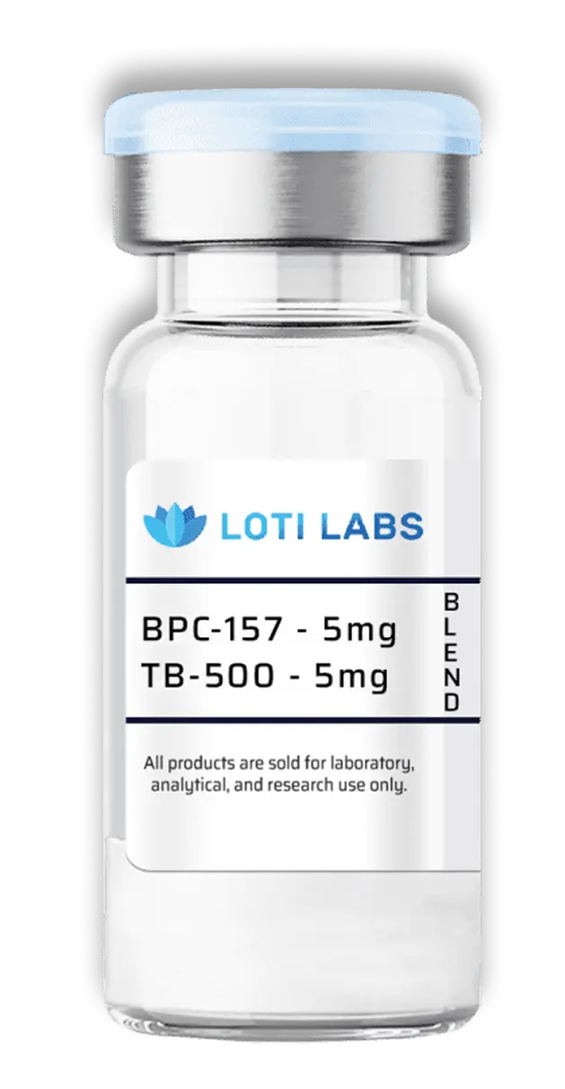 A clear vial labeled "LOTI LABS" containing BPC-157 5mg and TB-500 5mg, marked for laboratory, analytical, and research use only.