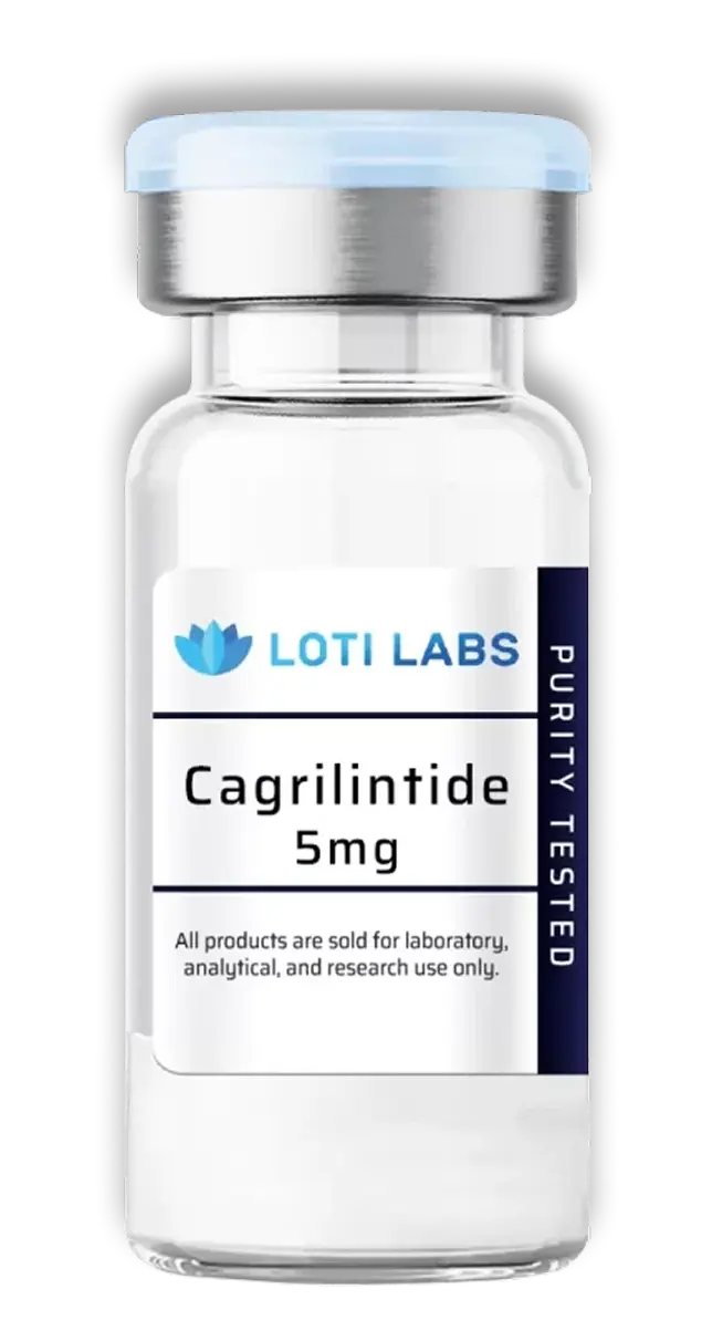 A clear vial labeled "Loti Labs Cagrilintide 5mg" with a note stating it is for laboratory, analytical, and research use only.