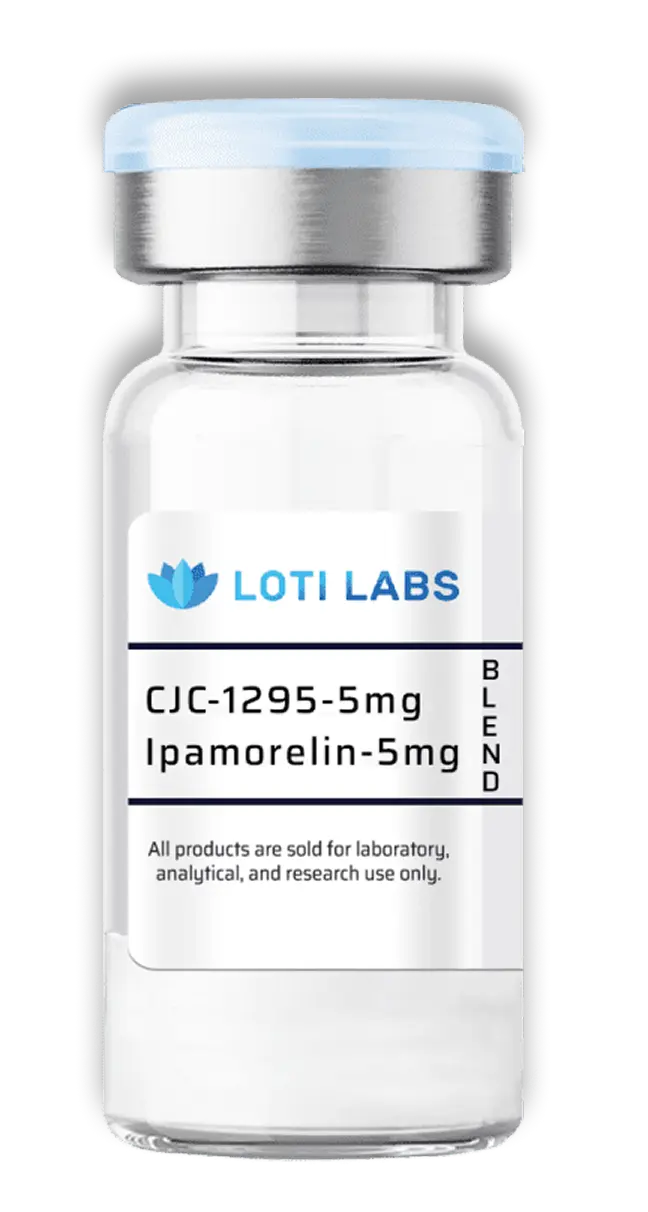 A clear vial labeled "Loti Labs" containing CJC-1295 5mg and Ipamorelin 5mg blend, for laboratory, analytical, and research use only.