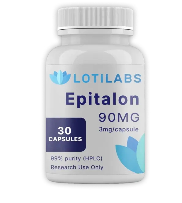 A white bottle labeled "Lotilabs Epitalon 90mg, 3mg/capsule, 30 capsules, 99% purity (HPLC), Research Use Only.