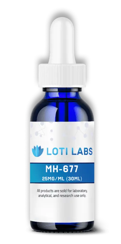 A blue dropper bottle labeled "LOTI LABS MH-677 25MG/ML (30ML)" for laboratory, analytical, and research use only.