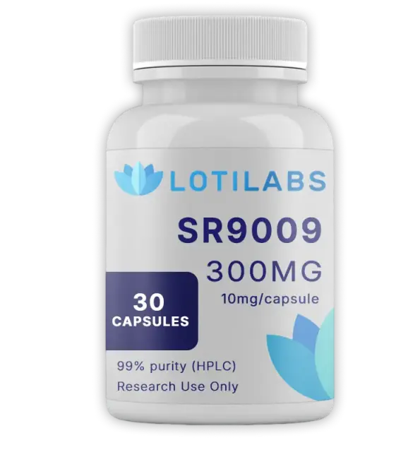 A white bottle labeled "LOTILABS SR9009 300MG, 30 capsules, 10mg/capsule, 99% purity (HPLC), Research Use Only.
