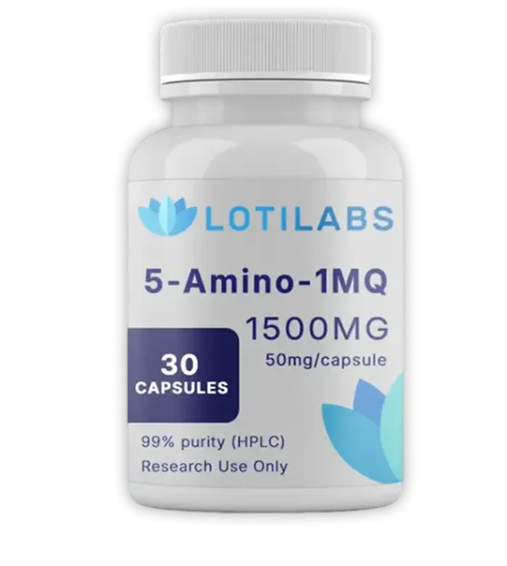 A white bottle labeled "Loti Labs 5-Amino-1MQ, 1500mg, 30 capsules, 50mg/capsule, 99% purity (HPLC), Research Use Only.