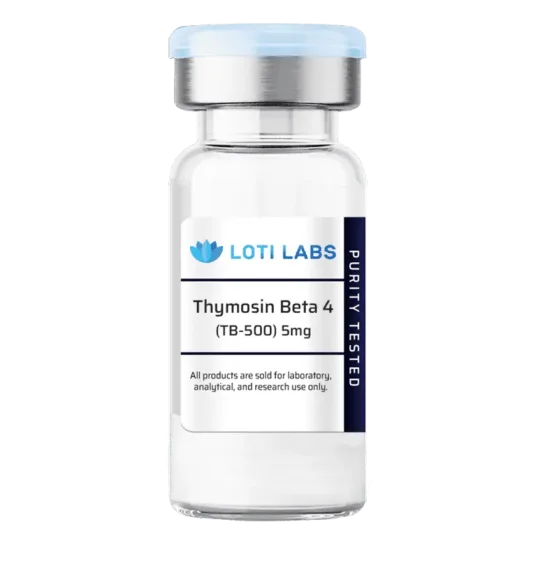 A clear vial labeled "Loti Labs" containing CJC-1295 5mg and Ipamorelin 5mg blend, for laboratory, analytical, and research use only.
